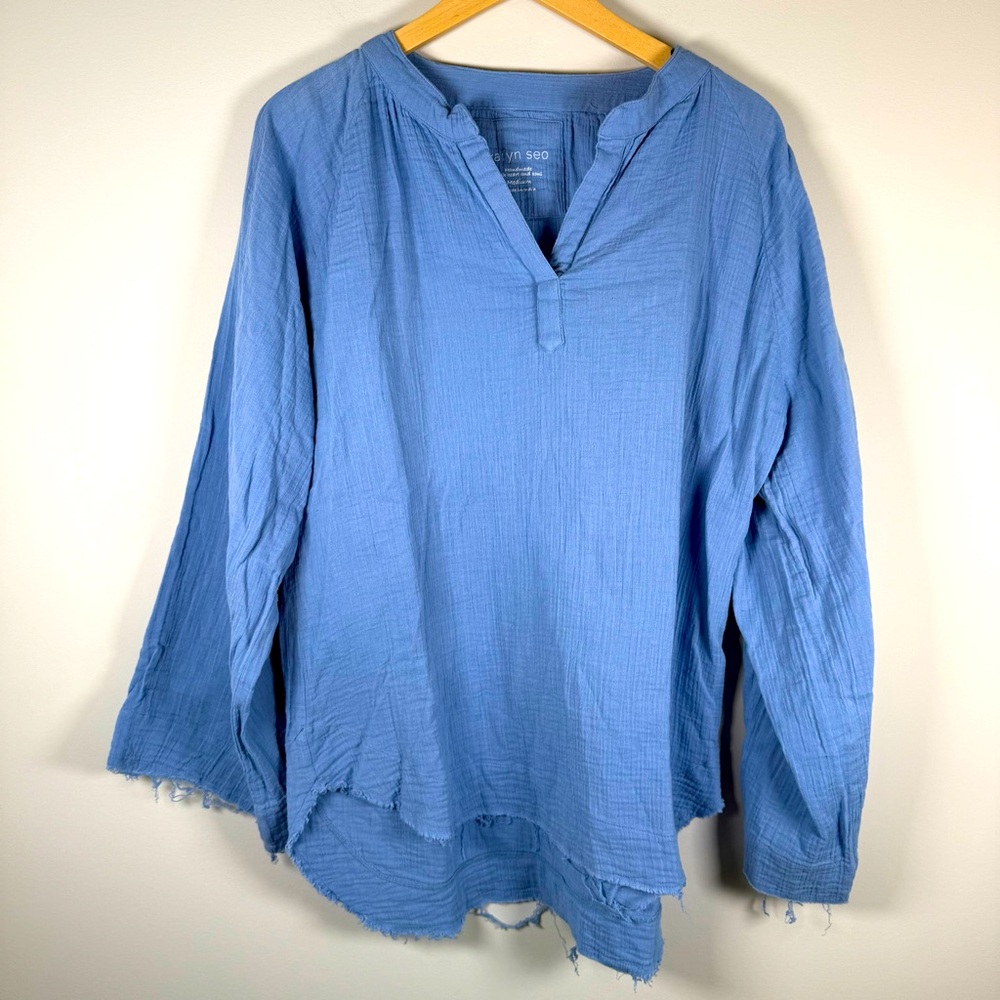 Karyn Seo Athleta Woven Jasper Gauzy 100% Cotton Popover Shirt Top Blue‎ Medium